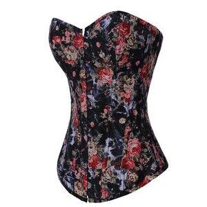 Floral Corset Top Strapless Lace Up Back Red Rose Print Bustier Bodice Black